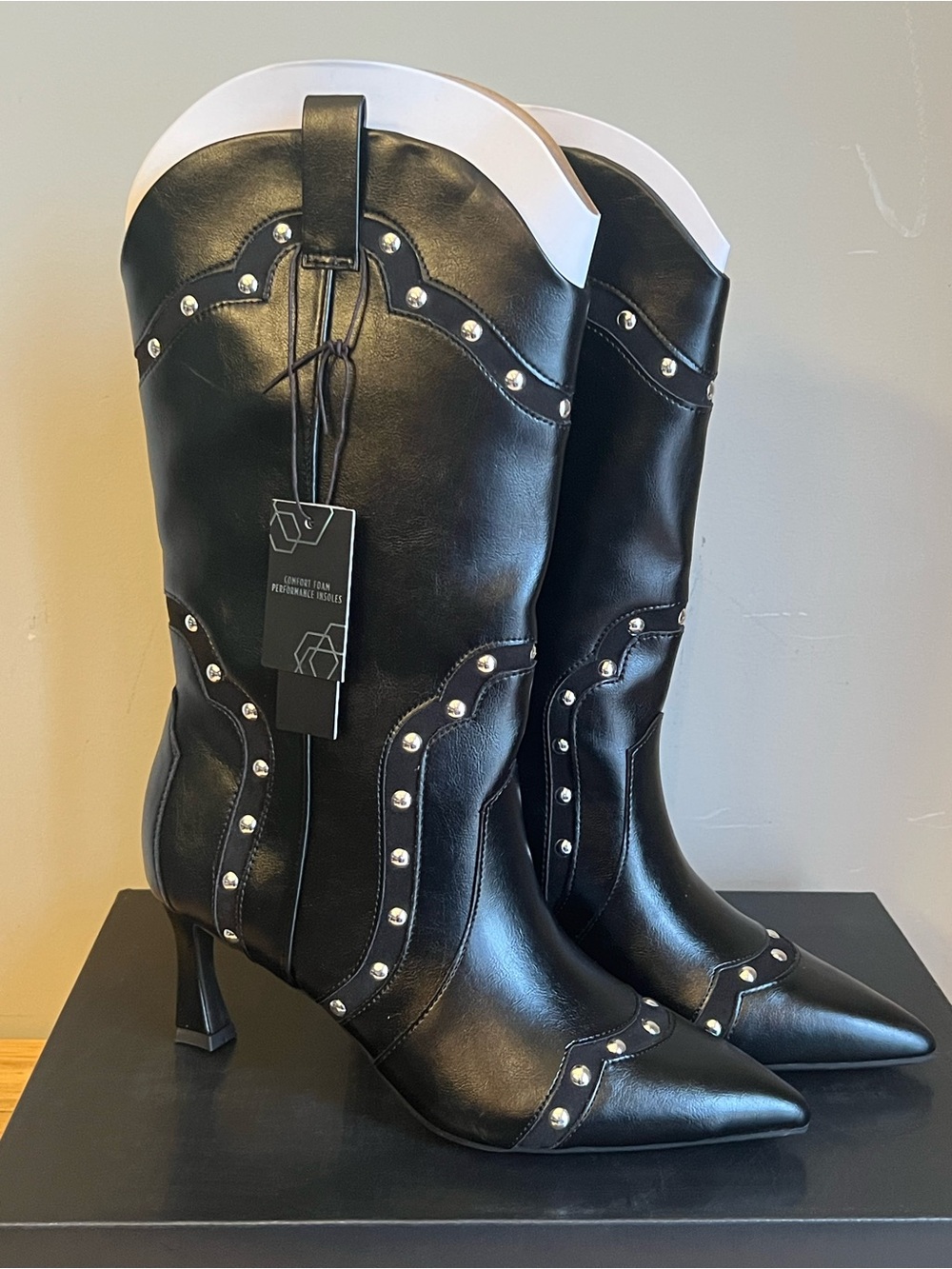 Madden NYC Women's Black Studded Pointed-Mid-Calf Heeled Boots